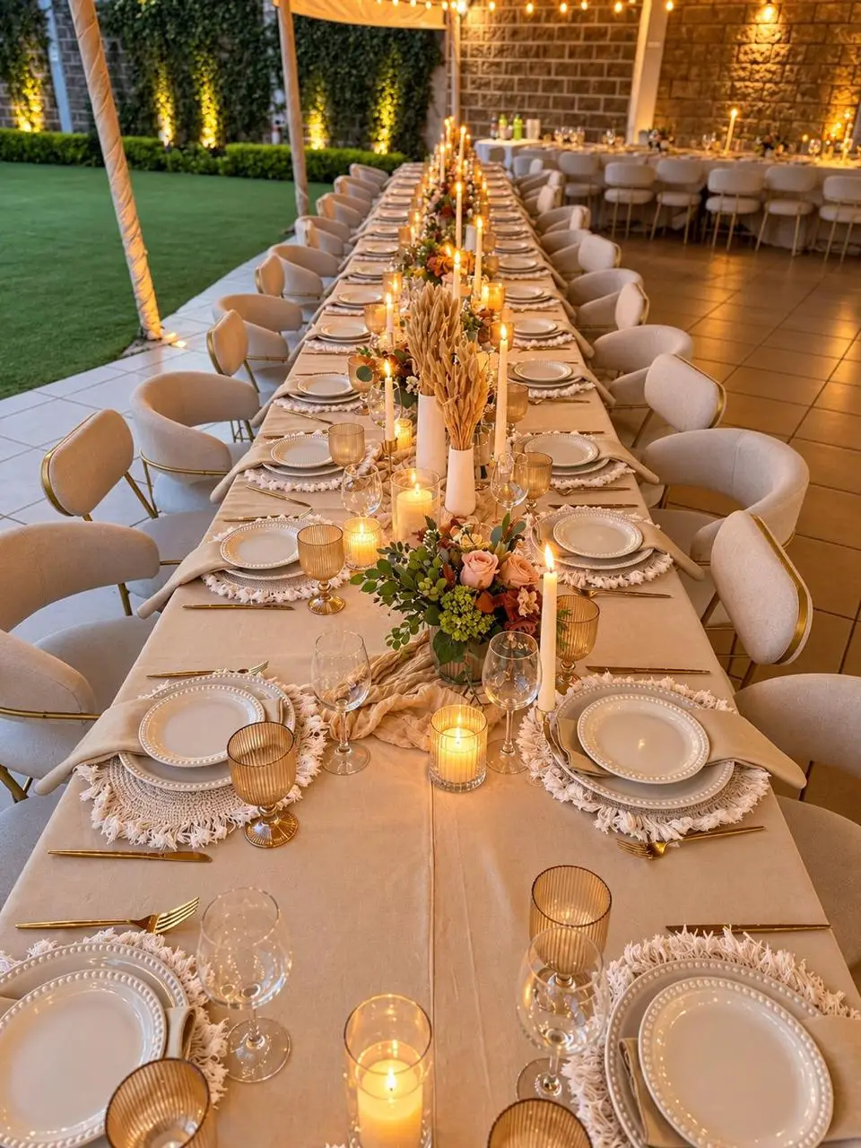 Mesa imperial del Salón Parté montada con velas, flores y vajilla dorada
